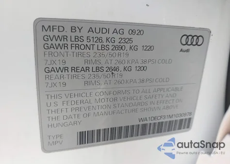 2021 Audi Q3 Premium 45 Tfsi S Line Quattro Tiptronic z USA, uszkodzony, nr VIN WA1DECF31M1030978
